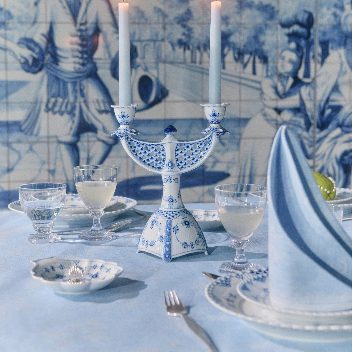 Blue Fluted Full Lace Candelabra, 25.5 cm - US 5303